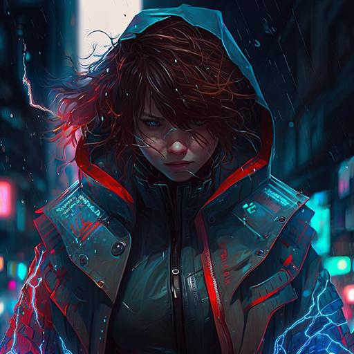 brown haired anime girl in a cyberpunk-esque blue and red exo-suit   futuristic neon lights and rain in the background   Japanese writing on the suit