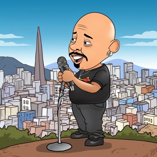 Chubby Latino cartoon character with bald head and goatee holding a microphone with San Francisco cityscape in the background --v 5 --s 50