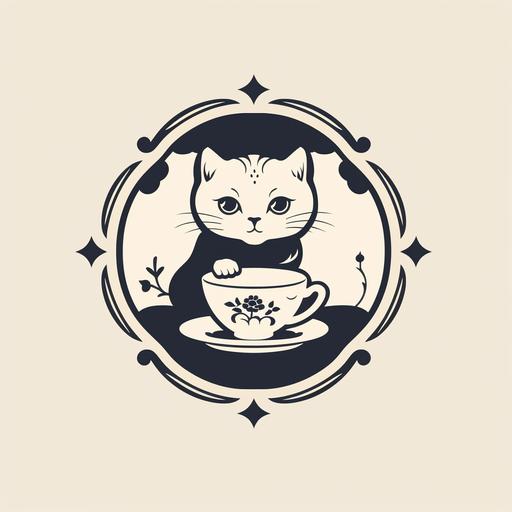 Craft a captivating vector logo for a unique venture, blending the charm of antique porcelain with the endearing presence of a white cat adorned with distinctive black spots. The logo should seamlessly fuse the elegance of porcelain artifacts, such as plates and cups, with the playful essence of the cat named 