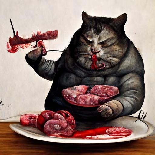 morbidly obese cat man eating raw meat, Vladimir Dimitrov art style --uplight