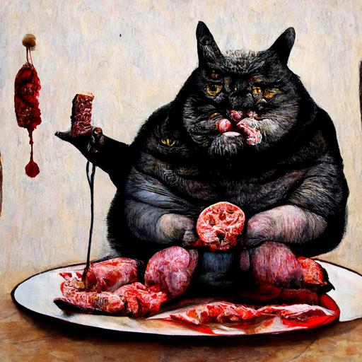 morbidly obese cat man eating raw meat, Vladimir Dimitrov art style