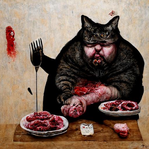 morbidly obese cat man eating raw meat, Vladimir Dimitrov art style