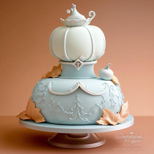 Cinderella Cake: Base: Two-tiered cake with a light blue fondant covering the bottom tier and a white fondant on the top tier, symbolizing Cinderella's iconic ball gown. Details: Add a pumpkin carriage as a 3D topper, along with edible silver and pearl accents to represent the magic and elegance of the fairy tale