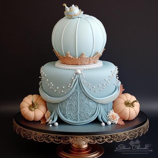 Cinderella Cake: Base: Two-tiered cake with a light blue fondant covering the bottom tier and a white fondant on the top tier, symbolizing Cinderella's iconic ball gown. Details: Add a pumpkin carriage as a 3D topper, along with edible silver and pearl accents to represent the magic and elegance of the fairy tale