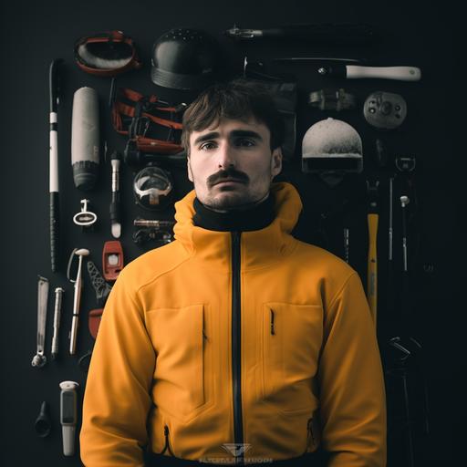 Cinematic Knolling profile photo of  professional sports athlete, surrounded by stuff that fits a extreme sportsman like running shoes, mountain shoes, skiis, plus climbing and skiing tools arranged neatly