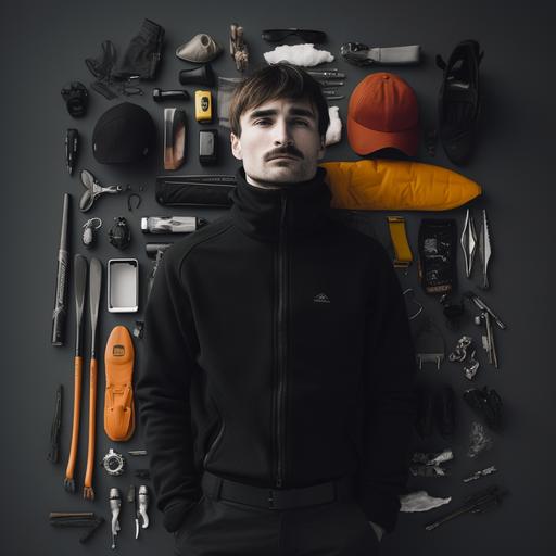 Cinematic Knolling profile photo of  professional skiing athlete, surrounded by stuff that fits a extreme sportsman like running shoes, mountain shoes, skiis, plus climbing and skiing tools arranged neatly