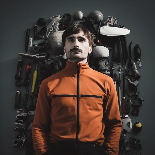 Cinematic Knolling profile photo of  professional sports athlete, surrounded by stuff that fits a extreme sportsman like running shoes, mountain shoes, skiis, plus climbing and skiing tools arranged neatly