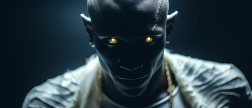 ''Cinematic, Medium shot, Hyper-realistic, African male supermodel hairless dark black colored skin, 25 yo, white garments, gold illuminating eyes, animal like with fangs in mouth, hand covering one side of face, smiling with fangs, mysterious, ominous energy, background space nebula, ethereal, Sci Fi, God, Muted Colors, Hasselblad --style raw --ar 21:9