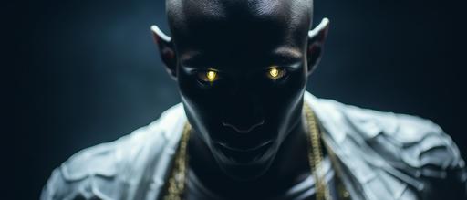 ''Cinematic, Medium shot, Hyper-realistic, African male supermodel hairless dark black colored skin, 25 yo, white garments, gold illuminating eyes, animal like with fangs in mouth, hand covering one side of face, smiling with fangs, mysterious, ominous energy, background space nebula, ethereal, Sci Fi, God, Muted Colors, Hasselblad --style raw --ar 21:9