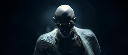 ''Cinematic, Medium shot, Hyper-realistic, African male supermodel hairless dark black colored skin, 25 yo, white garments, gold illuminating eyes, animal like with fangs in mouth, hand covering one side of face, smiling with fangs, mysterious, ominous energy, background space nebula, ethereal, Sci Fi, God, Muted Colors, Hasselblad --style raw --ar 21:9