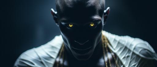 ''Cinematic, Medium shot, Hyper-realistic, African male supermodel hairless dark black colored skin, 25 yo, white garments, gold illuminating eyes, animal like with fangs in mouth, hand covering one side of face, smiling with fangs, mysterious, ominous energy, background space nebula, ethereal, Sci Fi, God, Muted Colors, Hasselblad --style raw --ar 21:9