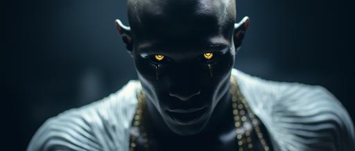 ''Cinematic, Medium shot, Hyper-realistic, African male supermodel hairless dark black colored skin, 25 yo, white garments, gold illuminating eyes, animal like with fangs in mouth, hand covering one side of face, smiling with fangs, mysterious, ominous energy, background space nebula, ethereal, Sci Fi, God, Muted Colors, Hasselblad --style raw --ar 21:9