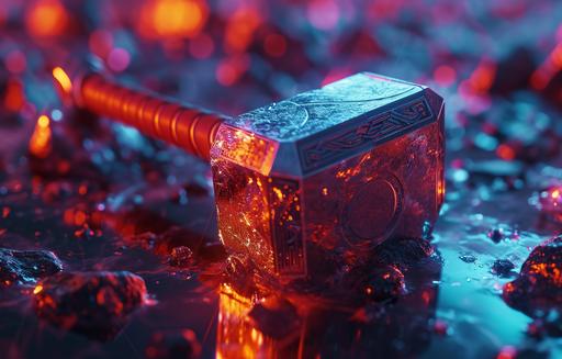 Cinematic Still, a shimmering holographic [Thor's Hammer logo] with a mesmerizing glow. Intense and vibrant colors, dynamic composition, glowstick lighting --ar 14:9 --v 6.0