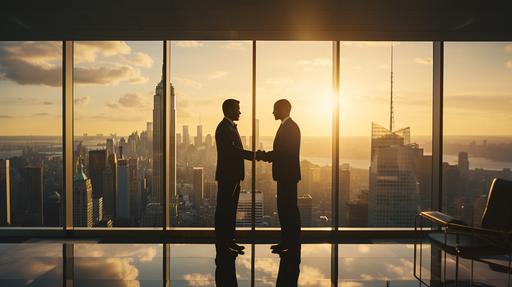 Cinematic aerial of a silhouette of two business men shaking hands in front of a floor-to-ceiling glass window of a skyscraper office, with a city full of skyscrapers and a large river outside, and golden sunlight shines through the clouds shining down on the city, tinting the entire city with gold. --ar 16:9