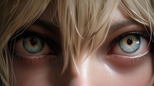 Cinematic, anime-style portrait photography, extreme close-up of a blonde anime female character with large, expressive eyes conveying a worried look, from a scene of a true crime anime film, high-resolution digital shot, Fujifilm GFX 100S, in the style of Makoto Shinkai, capturing intense emotion and detail, dramatic lighting highlighting her facial features and emotions, color palette of soft pastels with vibrant eye colors, no specific fashion brand, materials focusing on digital anime textures. --niji 5 --style expressive --ar 16:9