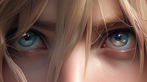 Cinematic, anime-style portrait photography, extreme close-up of a blonde anime female character with large, expressive eyes conveying a worried look, from a scene of a true crime anime film, high-resolution digital shot, Fujifilm GFX 100S, in the style of Makoto Shinkai, capturing intense emotion and detail, dramatic lighting highlighting her facial features and emotions, color palette of soft pastels with vibrant eye colors, no specific fashion brand, materials focusing on digital anime textures. --niji 5 --style expressive --ar 16:9