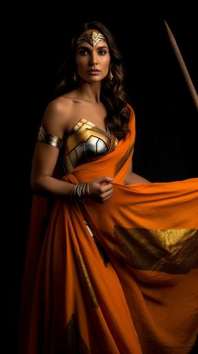 Cinematic artistic Photography of gal gadot as an Indian lady in a Indian Traditional orange Saree Dress holding orange triangular Flag in her hand Wonder Women resemblance --ar 9:16