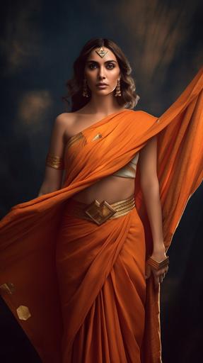 Cinematic artistic Photography of gal gadot wonder women as an Indian lady in a Indian Tradition orange Saree Dress holding orange triangular Flag in her hand giving Wonder Women resemblance --ar 9:16