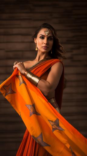 Cinematic artistic Photography of gal gadot wonder women as an Indian lady in a Indian Tradition orange Saree Dress holding orange triangular Flag in her hand giving Wonder Women resemblance --ar 9:16