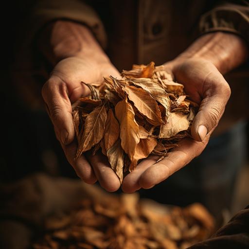 Cinematic close up of hand holding dry tabacco leaves in factory setting - v6 - Daylight, real picture, shallow depth of field