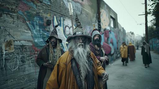 Cinematic, documentary photo, editorial, too many wizards are unemployed these days, group of wizards of varying race casting spells, male and female, weathered wizard costume, disparity, skid row, trash, William Eggleston style, ARRIFLEX 35 BL Camera, Canon K35 Prime Lenses --v 6.0 --style raw --ar 16:9