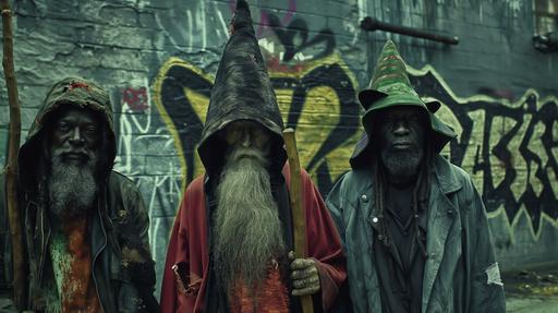 Cinematic, documentary photo, editorial, too many wizards are unemployed these days, group of wizards of varying race casting spells, male and female, weathered wizard costume, disparity, skid row, trash, William Eggleston style, ARRIFLEX 35 BL Camera, Canon K35 Prime Lenses --ar 16:9 --v 6.0 --style raw