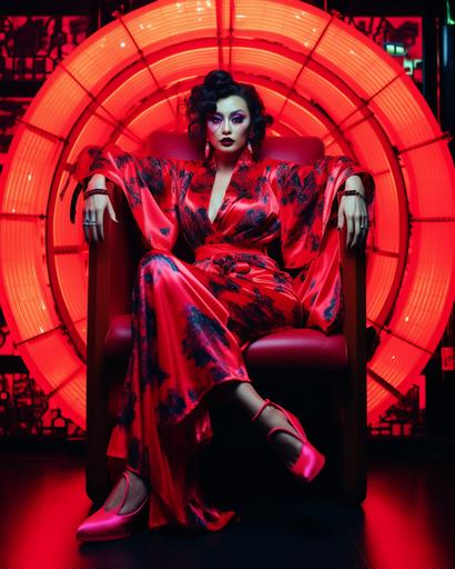 Cinematic, full-body shot, in the style of Helmut Newton, a glamourous woman sitting in a neon throne wearing an exotic long draping kimono in a 1980's style luxury nightclub, neon lighting, red colour pallete. --ar 4:5 --c 15