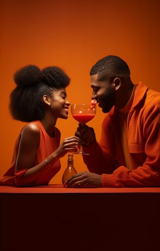 Cinematic photo of Happy African American Couple facing each other, dressed in red while sipping orange juice from a glass --ar 9:14