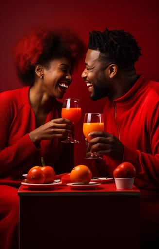 Cinematic photo of Happy African American Couple facing each other, dressed in red while sipping orange juice from a glass --ar 9:14