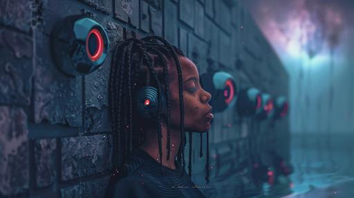 Cinematic, photo, studio shot of an african futuristic woman in a green screen studio shoot. medium shot, frontal face view --ar 16:9 --v 6.0 --sref