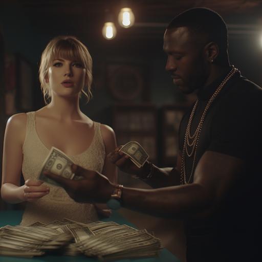 Cinematic shot of a Taylor swift type woman placing a organized STACK of $40,000 in 100 dollar bills in a well dressed African American man’s hand. — v 5.1