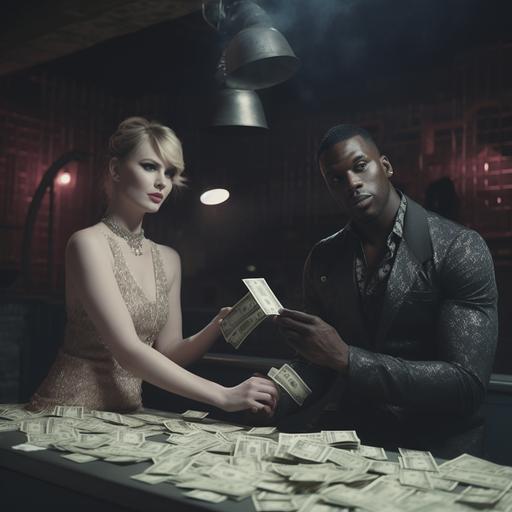 Cinematic shot of a Taylor swift type woman placing a organized STACK of $40,000 in 100 dollar bills in a well dressed African American man’s hand. — v 5.1