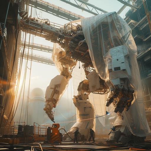 Cinematic shot of a giant unfinished robot in a spaceship factory. some parts are covered with transparent plastic fabrics. Technicians are welding a steel highly detailed bridge to the top part of the Robot. There is a void to the blue sky on the open roof. Golden light of the sun in coming through. Wide low-angle camera --v 6.0