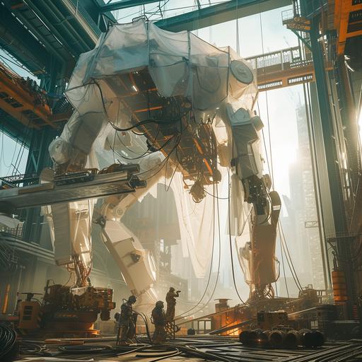 Cinematic shot of a giant unfinished robot in a spaceship factory. some parts are covered with transparent plastic fabrics. Technicians are welding a steel highly detailed bridge to the top part of the Robot. There is a void to the blue sky on the open roof. Golden light of the sun in coming through. Wide low-angle camera --v 6.0
