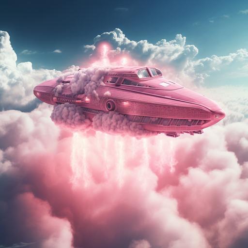 Cinematic spaceship flying through realistic looking clouds made of pink cotton candy with cotton candy stringed fibers showing. Do a huge focus close up shot on spaceship windows with chakra colored aliens in the windows peeking through