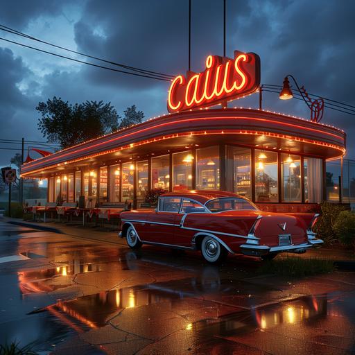 Cinematic still of a restaurant with large glass windows in the ‘50s located near by the Indianapolis Motor Speedway station. Wide angle shot, stunning, photorealistic. Sign 