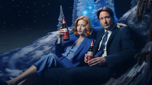 Cinematic styll shot, photorealistic, X-files, Fox Mulder and Dana Scully in blue outfits with adidas logo, posing under a christmas tree, with bottle of alcohol, in the style of provia film, white and blue, iconic, coniferouscore, superheroes, color-blocked textiles, excellent color palette, unreal graphics, realistic chiaroscuro, photography, Canon EF 24-105mm f/4L IS II USM lens at 50mm, ISO 800, f/5.6, 1/250s, key visual and aesthetic candid glamour of 