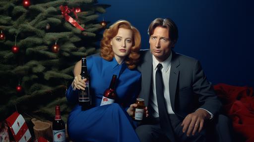 Cinematic styll shot, photorealistic, X-files, Fox Mulder and Dana Scully in blue outfits with adidas logo, posing under a christmas tree, with bottle of alcohol, in the style of provia film, white and blue, iconic, coniferouscore, superheroes, color-blocked textiles, excellent color palette, unreal graphics, realistic chiaroscuro, photography, Canon EF 24-105mm f/4L IS II USM lens at 50mm, ISO 800, f/5.6, 1/250s, key visual and aesthetic candid glamour of 