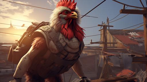 Cinematic styll shot, photorealistic, cell shading, 3D model showcase, portrait, amidst the desolate rooftops of Left 4 Dead: a metaphorical chicken, with feathers mimicking the concrete and steel surroundings, navigates the abandoned rooftops, its animated movements echoing the solitude and danger of the elevated escape route, unreal graphics, candid photo, strong shadow effect, realistic chiaroscuro, beautiful lighting, key visual and aesthetic of 
