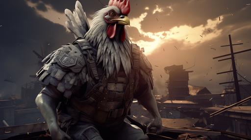 Cinematic styll shot, photorealistic, cell shading, 3D model showcase, portrait, amidst the desolate rooftops of Left 4 Dead: a metaphorical chicken, with feathers mimicking the concrete and steel surroundings, navigates the abandoned rooftops, its animated movements echoing the solitude and danger of the elevated escape route, unreal graphics, candid photo, strong shadow effect, realistic chiaroscuro, beautiful lighting, key visual and aesthetic of 