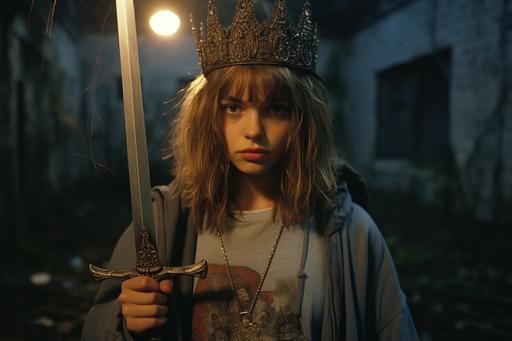 Cinematic. A 1990’s grunge girl standing with a sword in one hand wearing a grunge band t-shirt ,old trainers. She is wearing a Medieval helmet that is covering her eyes. Indie, medieval grunge aesthetic, suburban street. Night. 1990s, Cinematic lighting, Autumn, Photography style of David LaChapelle, Wide angle full body shot, intricate details, 8k, sharp, hyperrealistic, hyperdetailed, rule of thirds, --ar 3:2 --stylize 250 --v 5.2