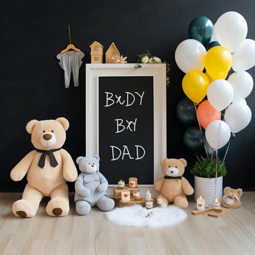 Cinomatic style high quality DSLR photo, baby is on the way announcement, in center black board letter, right side small tedy bear with cute eyes, decore with flowers, toddler white jumpsuit on left , flowers, baloons ribbon , toddler socks,Pixar style with ULTRASOUNDS photo frame