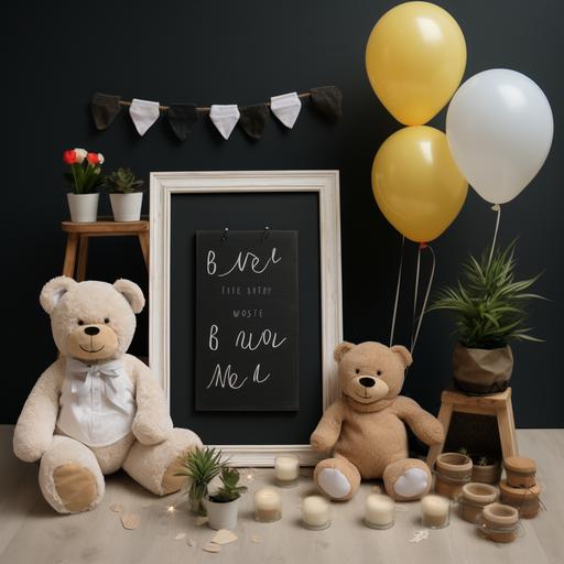 Cinomatic style high quality DSLR photo, baby is on the way announcement, in center black board letter, right side small tedy bear with cute eyes, decore with flowers, toddler white jumpsuit on left , flowers, baloons ribbon , toddler socks,Pixar style with ULTRASOUNDS photo frame