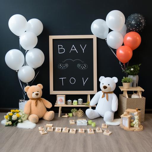 Cinomatic style high quality DSLR photo, baby is on the way announcement, in center black board letter, right side small tedy bear with cute eyes, decore with flowers, toddler white jumpsuit on left , flowers, baloons ribbon , toddler socks,Pixar style with ULTRASOUNDS photo frame