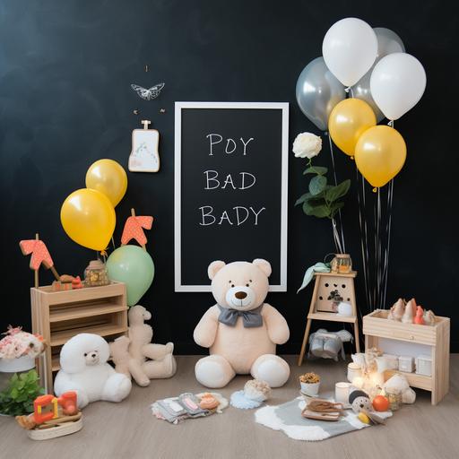 Cinomatic style high quality DSLR photo, baby is on the way announcement, in center black board letter, right side small tedy bear with cute eyes, decore with flowers, toddler white jumpsuit on left , flowers, baloons ribbon , toddler socks,Pixar style with ULTRASOUNDS photo frame