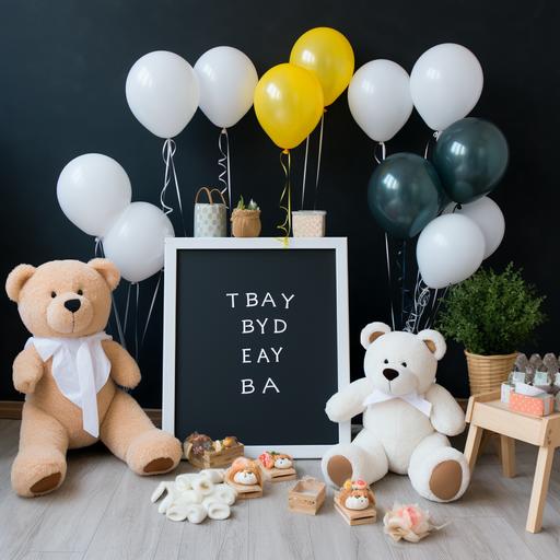 Cinomatic style high quality DSLR photo, baby is on the way announcement, in center black board letter, right side small tedy bear with cute eyes, decore with flowers, toddler white jumpsuit on left , flowers, baloons ribbon , toddler socks,Pixar style with ULTRASOUNDS photo frame