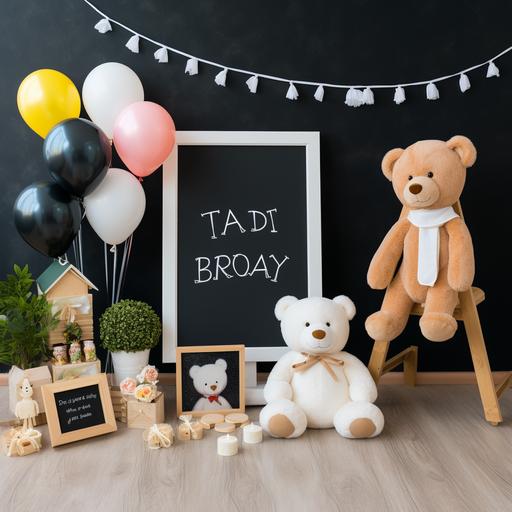 Cinomatic style high quality DSLR photo, baby is on the way announcement, in center black board letter, right side small tedy bear with cute eyes, decore with flowers, toddler white jumpsuit on left , flowers, baloons ribbon , toddler socks,Pixar style with ULTRASOUNDS photo frame