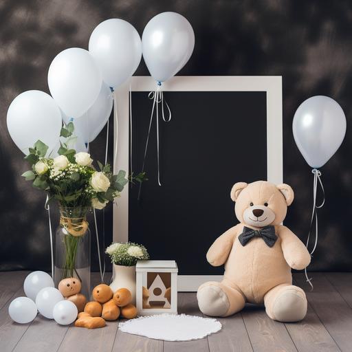 Cinomatic style high quality DSLR photo in the photo studio, baby is on the way announcement, black board letter, flowers, toddler white jumpsuit , flowers, baloons ribbon , toddler socks, Cute bear soft toy,Pixar style with ULTRASOUNDS photo frame