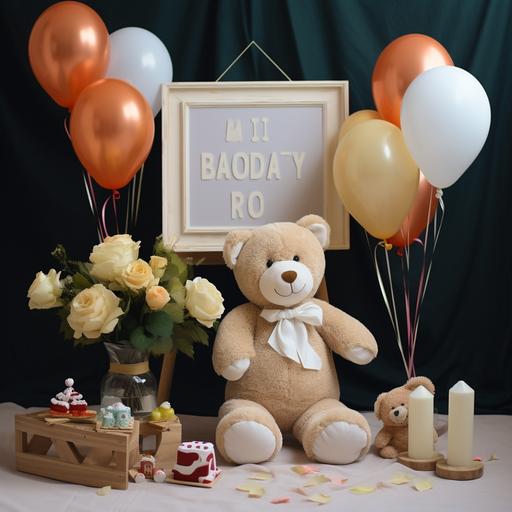 Cinomatic style high quality DSLR photo in the photo studio, baby is on the way announcement, black board letter, flowers, toddler white jumpsuit , flowers, baloons ribbon , toddler socks, Cute bear soft toy,Pixar style with ULTRASOUNDS photo frame