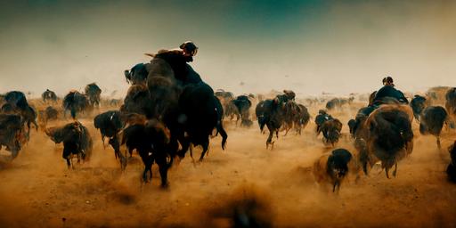 Cowboy riding through a herd of buffalos, desert,Realism, dynamic composition, 4k, cinematic, medium shot, Denis Villeneuve, --ar 2:1